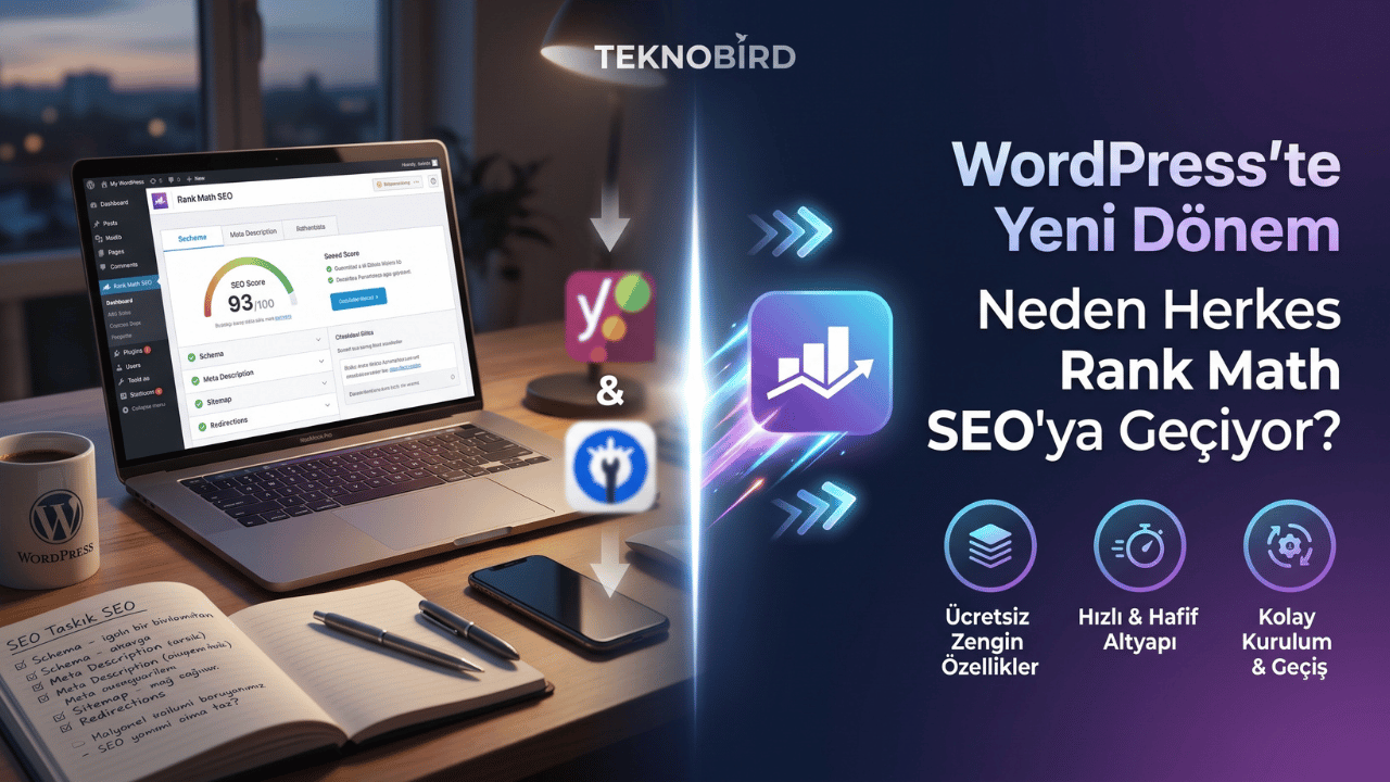 Çalışma masasında duran bir dizüstü bilgisayarda Rank Math SEO arayüzü ve 93/100 SEO puanı. Görselin sağ tarafında Yoast ve AIOSEO'dan Rank Math'e geçişi simgeleyen ikonlar ile birlikte WordPress'te Yeni Dönem: Neden Herkes Rank Math SEO'ya Geçiyor?, Ücretsiz Zengin Özellikler, Hızlı & Hafif Altyapı ve Kolay Kurulum & Geçiş yazılarının bulunduğu Teknobird tanıtım görseli.